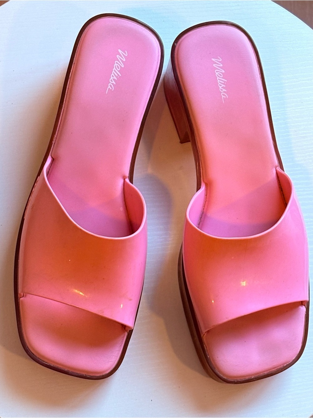 Melissa Pink Glossy Block Heel Mule Sandals